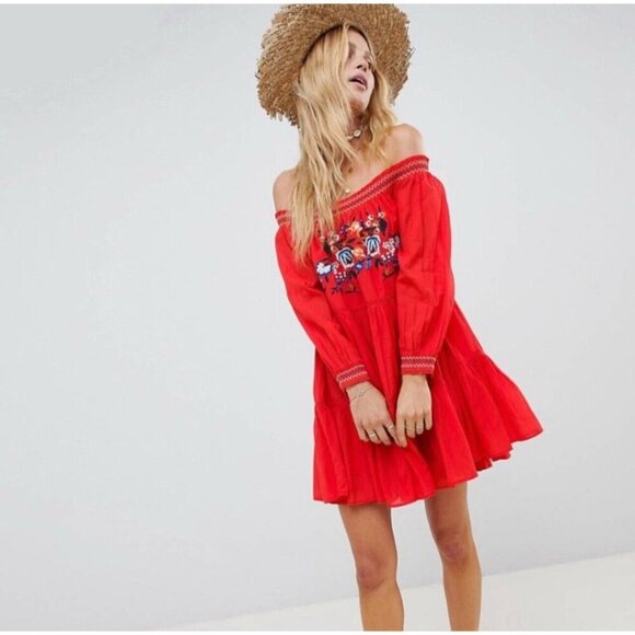 NEW! Free People Sunbeams Off the ShoulderDress Embroidered Boho Red SZ M - Picture 2 of 16
